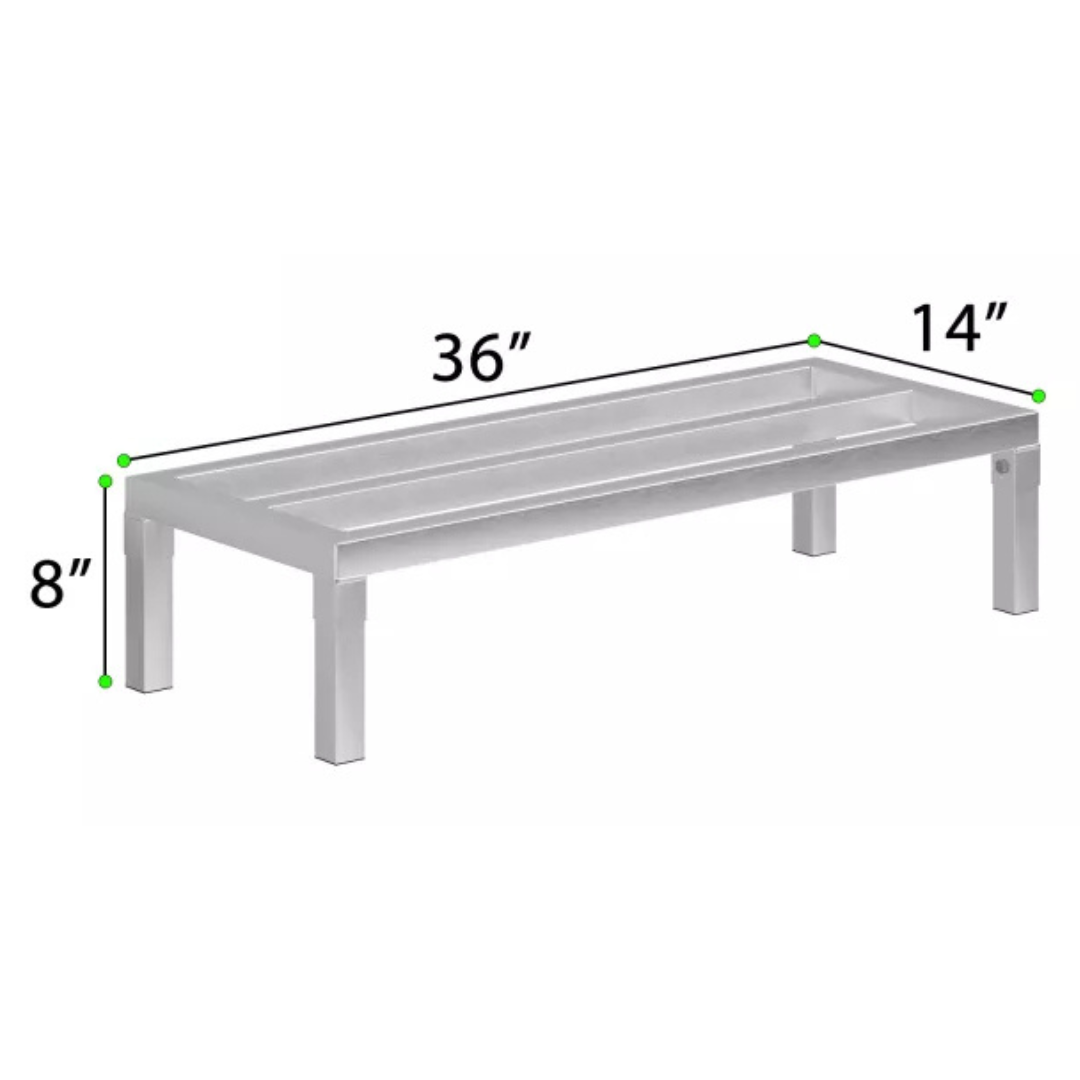 Commercial Aluminum Dunnage Rack - Heavy Duty Kitchen Storage | Express Kitchquip | Nsf Certified 6 A 3D Measurement Diagram Of A 36-Inch Long Express Kitchquip Aluminum Dunnage Rack With A 14-Inch Width And 8-Inch Height.