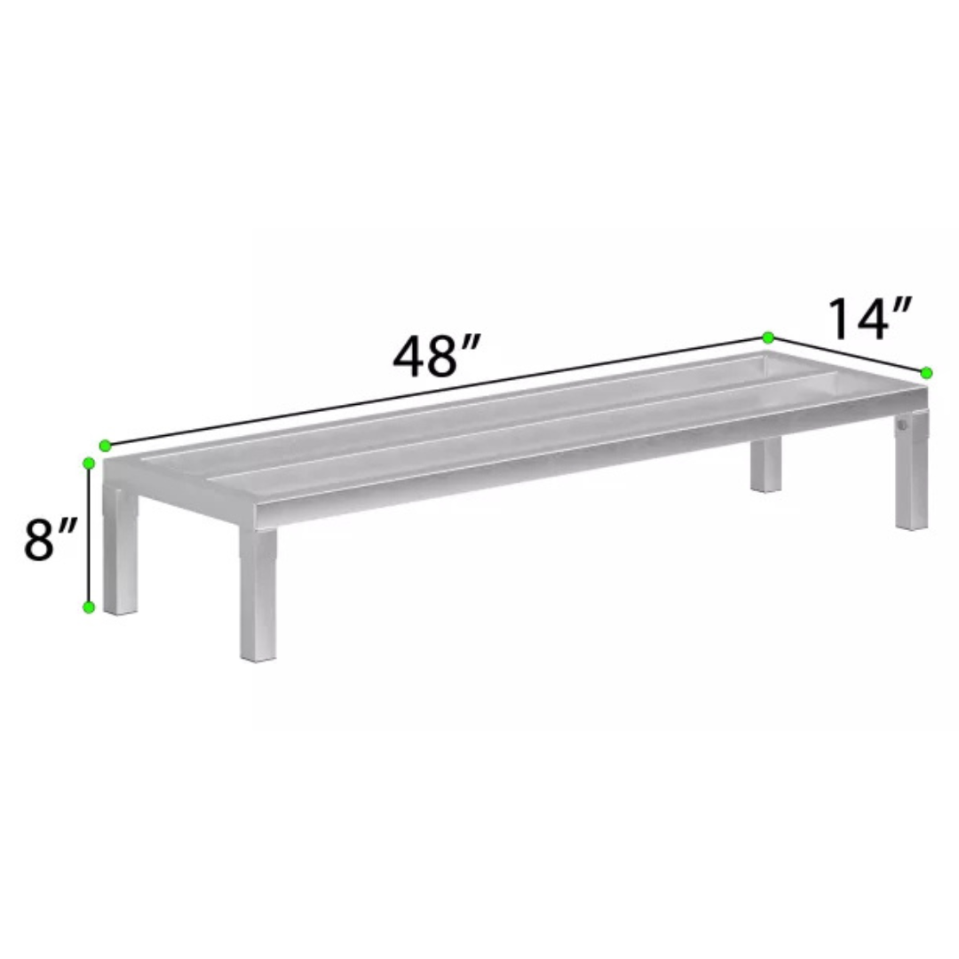 Commercial Aluminum Dunnage Rack - Heavy Duty Kitchen Storage | Express Kitchquip | Nsf Certified 7 A 3D Dimensional Diagram Of A 48-Inch Long Express Kitchquip Aluminum Dunnage Rack With A 14-Inch Width And 8-Inch Height.