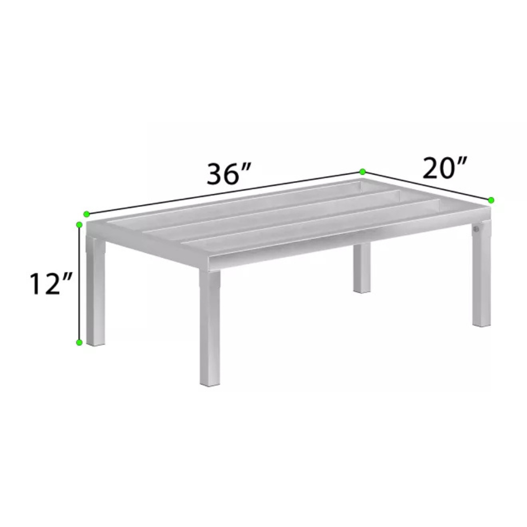 Commercial Aluminum Dunnage Rack - Heavy Duty Kitchen Storage | Express Kitchquip | Nsf Certified 8 A 3D Dimensional Diagram Of A 36-Inch Long Express Kitchquip Aluminum Dunnage Rack With A 20-Inch Width And 12-Inch Height.