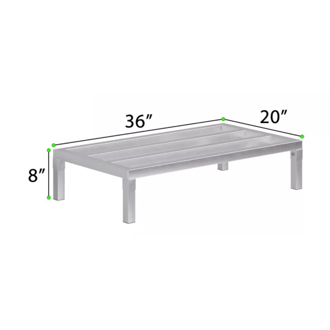 Commercial Aluminum Dunnage Rack - Heavy Duty Kitchen Storage | Express Kitchquip | Nsf Certified 9 A 3D Measurement Diagram Of An Express Kitchquip Aluminum Dunnage Rack Showing A 36-Inch Length, 20-Inch Width, And 8-Inch Height.