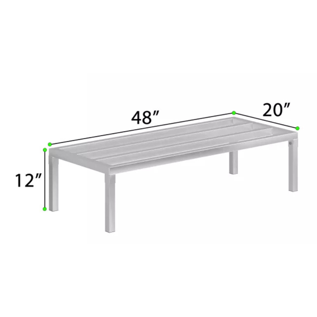 Commercial Aluminum Dunnage Rack - Heavy Duty Kitchen Storage | Express Kitchquip | Nsf Certified 10 A 3D Measurement Diagram Of An Express Kitchquip Aluminum Dunnage Rack Showing A 48-Inch Length, 20-Inch Width, And 12-Inch Height.