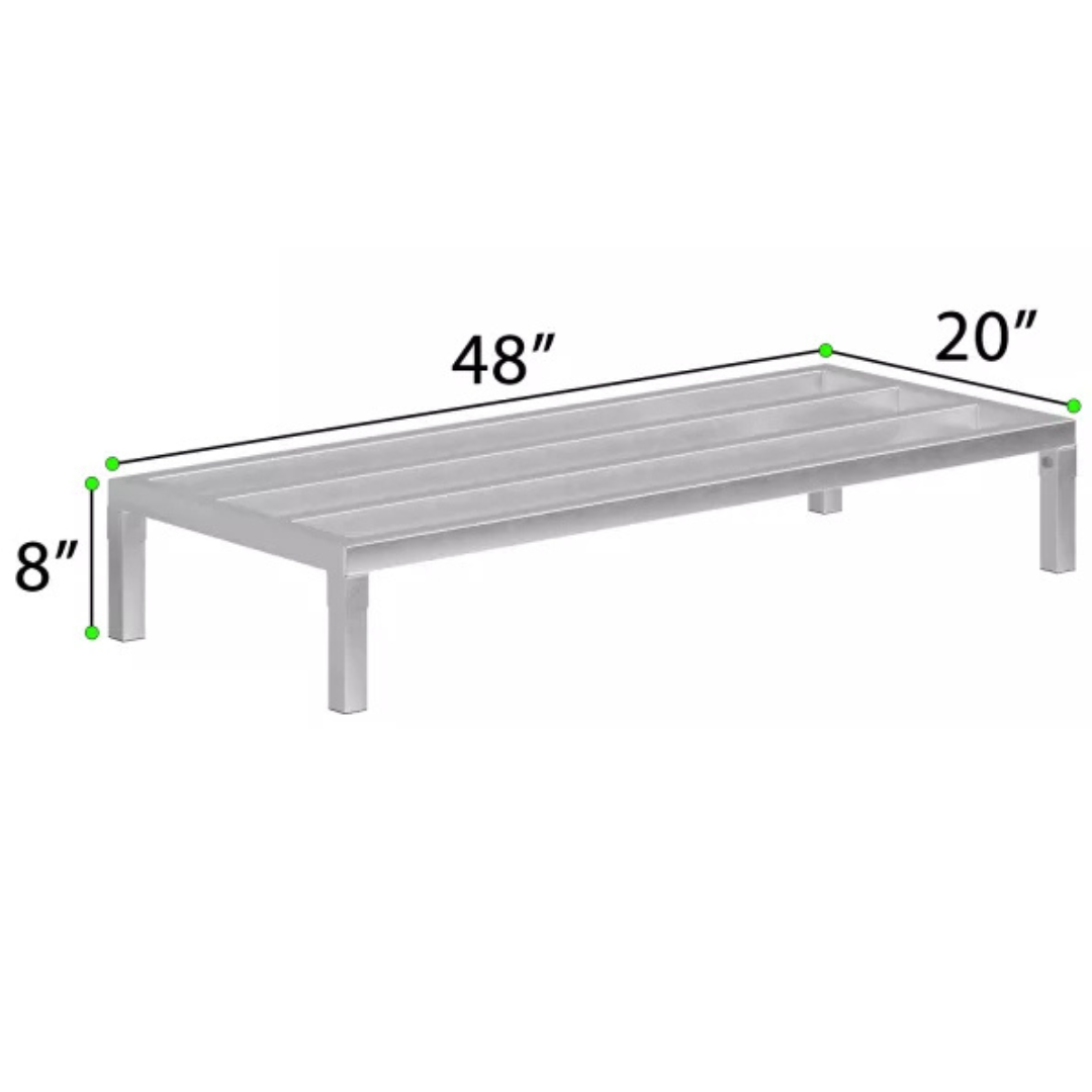 Commercial Aluminum Dunnage Rack - Heavy Duty Kitchen Storage | Express Kitchquip | Nsf Certified 11 A 3D Measurement Diagram Of An Express Kitchquip Aluminum Dunnage Rack Showing A 48-Inch Length, 20-Inch Width, And 8-Inch Height.