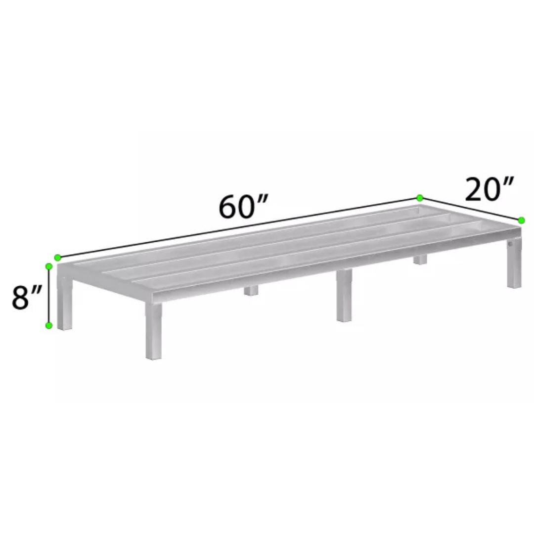 Commercial Aluminum Dunnage Rack - Heavy Duty Kitchen Storage | Express Kitchquip | Nsf Certified 13 A 3D Measurement Diagram Of A 60-Inch Long Express Kitchquip Aluminum Dunnage Rack With A 20-Inch Width And 8-Inch Height, Featuring A Reinforced Center Support Leg.