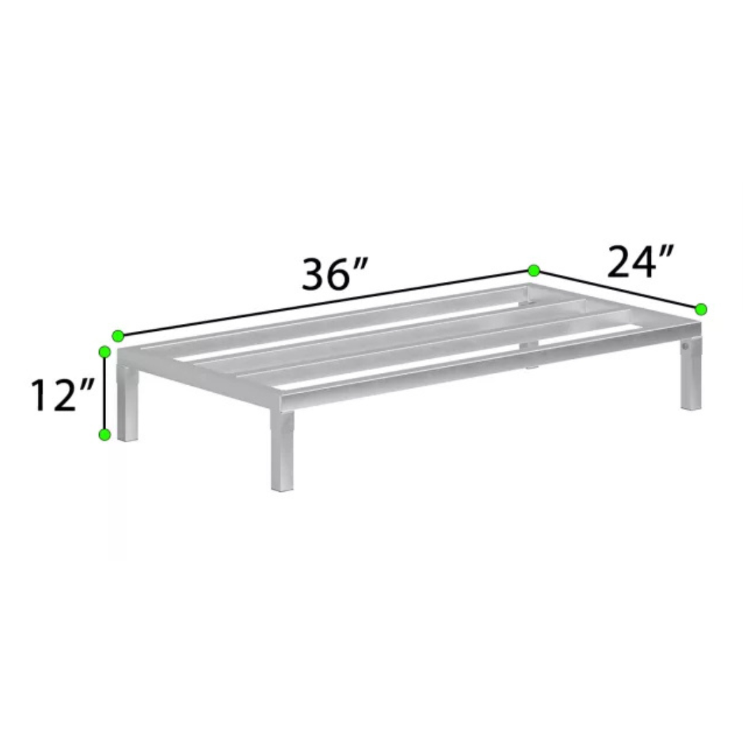 Commercial Aluminum Dunnage Rack - Heavy Duty Kitchen Storage | Express Kitchquip | Nsf Certified 14 A 3D Measurement Diagram Of An Express Kitchquip Aluminum Dunnage Rack Showing A 36-Inch Length, 24-Inch Wide Surface, And 12-Inch Height.