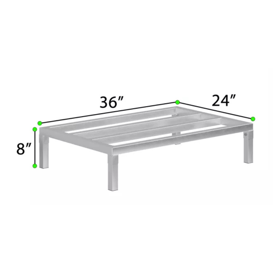 Commercial Aluminum Dunnage Rack - Heavy Duty Kitchen Storage | Express Kitchquip | Nsf Certified 15 A 3D Dimensional Diagram Of An Express Kitchquip Aluminum Dunnage Rack With A 36-Inch Length, 24-Inch Extra-Wide Surface, And 8-Inch Height.