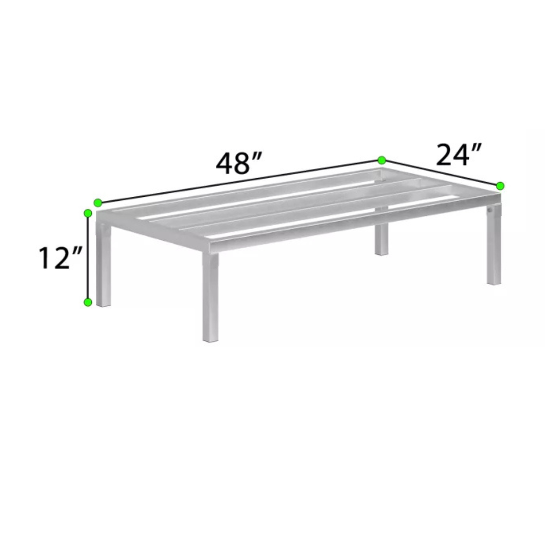 Commercial Aluminum Dunnage Rack - Heavy Duty Kitchen Storage | Express Kitchquip | Nsf Certified 16 A 3D Measurement Diagram For A Large-Capacity Express Kitchquip Aluminum Dunnage Rack With A 48-Inch Length, 24-Inch Extra-Wide Surface, And 12-Inch Height.