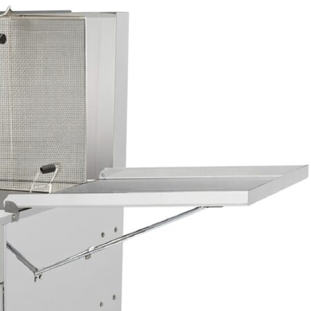 A close-up of a stainless steel commercial donut fryer featuring an extended side drainage tray and a vertical frying screen with a handle.