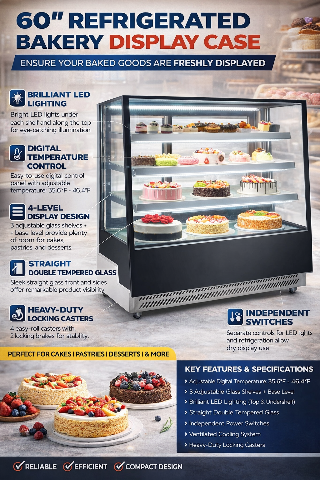 Premium 60&Quot; Refrigerated Bakery Display Case – Straight Glass Merchandiser With Led Lighting 2 Premium 60&Quot; Refrigerated Bakery Display Case – Straight Glass Merchandiser With Led Lighting - Image 2