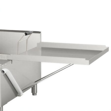 A close-up of a stainless steel flexible drain tray attached to a commercial countertop donut fryer. The tray is extended to the side, supported by a metal bar, providing a flat surface for cooling and draining freshly fried funnel cakes or donuts. A white drainage pipe and a fryer basket handle with a black grip are also visible.