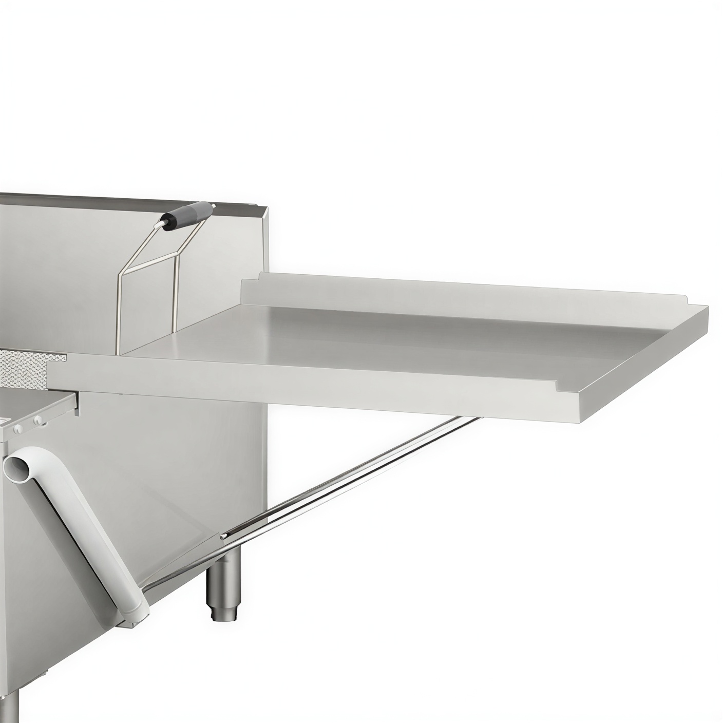 Cookline 30 Lb Gas Flat Bottom Countertop Funnel Cake Fryer – 54,000 Btu 3 A Close-Up Of A Stainless Steel Flexible Drain Tray Attached To A Commercial Countertop Donut Fryer. The Tray Is Extended To The Side, Supported By A Metal Bar, Providing A Flat Surface For Cooling And Draining Freshly Fried Funnel Cakes Or Donuts. A White Drainage Pipe And A Fryer Basket Handle With A Black Grip Are Also Visible.