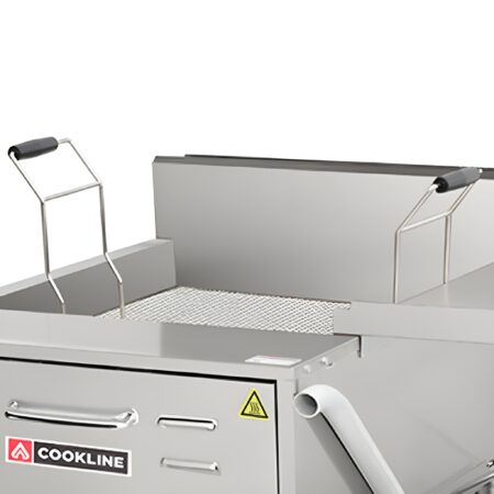 A detailed close-up of the internal mesh strainer grate inside a Cookline commercial donut fryer. The image shows the heavy-duty stainless steel wire mesh surface used to support pastries during frying, positioned between two metal lift handles with black heat-resistant grips.