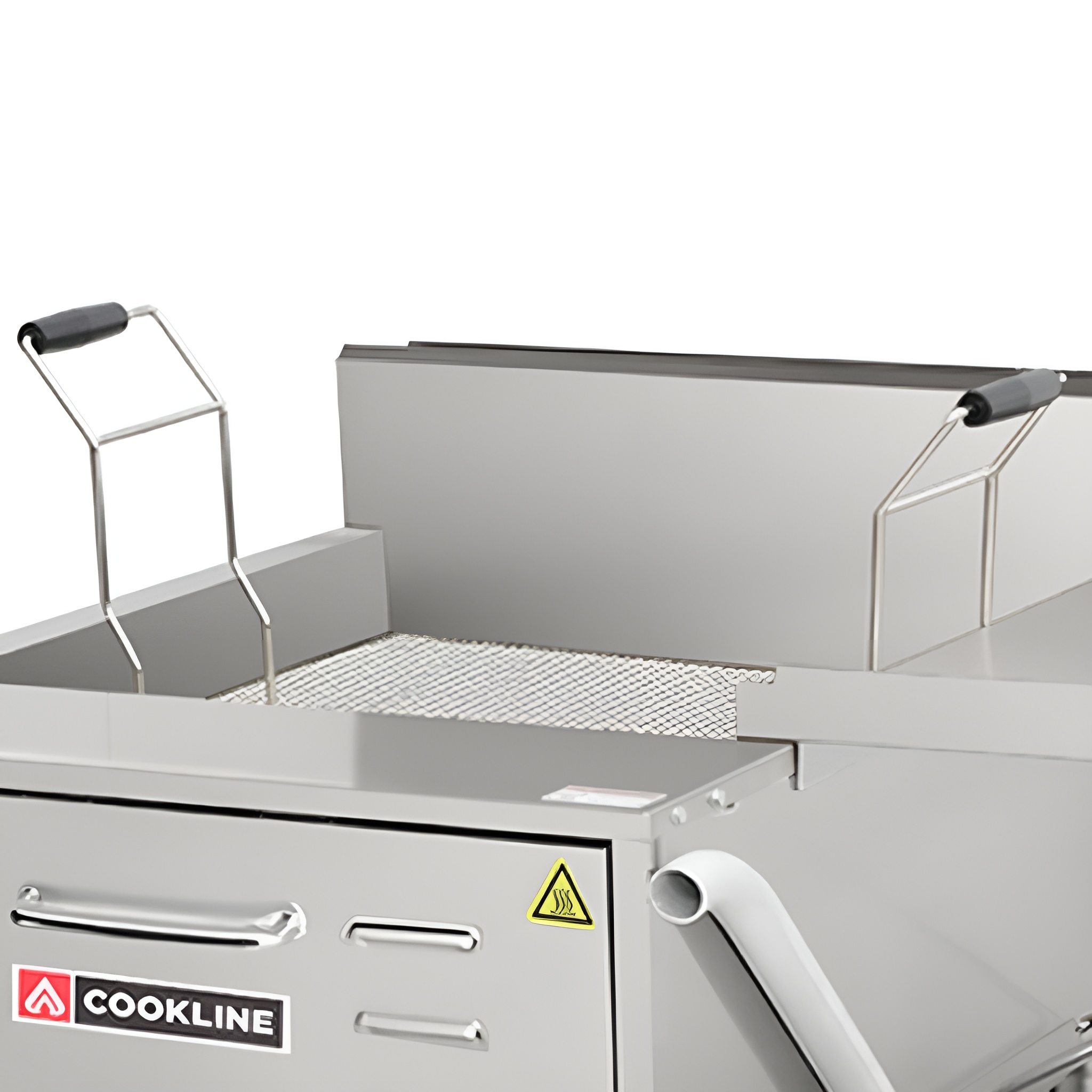 Cookline 30 Lb Gas Flat Bottom Countertop Funnel Cake Fryer – 54,000 Btu 2 A Detailed Close-Up Of The Internal Mesh Strainer Grate Inside A Cookline Commercial Donut Fryer. The Image Shows The Heavy-Duty Stainless Steel Wire Mesh Surface Used To Support Pastries During Frying, Positioned Between Two Metal Lift Handles With Black Heat-Resistant Grips.