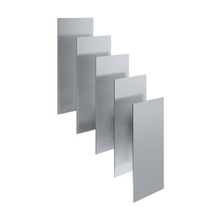 Two rectangular 12x24 inch stainless steel sheets arranged in a diagonal row, featuring a brushed metallic finish and clean-cut edges for industrial and DIY use.