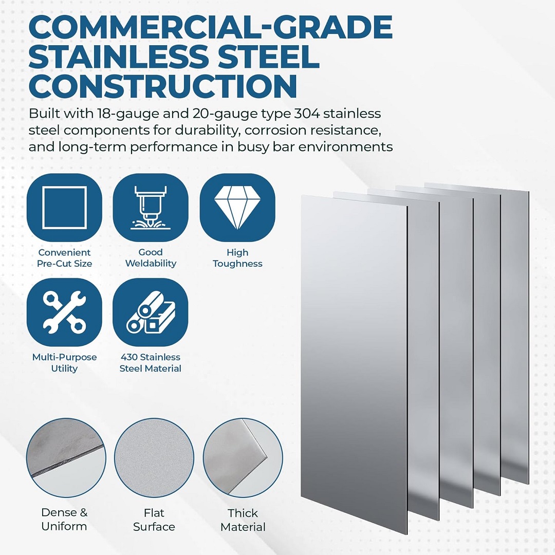 2-Pack 430 Stainless Steel Sheets (12&Quot; X 24&Quot;) – 18-Gauge Metal Plates 4 An Industrial Infographic For Stainless Steel Sheets Featuring Five Vertical Metal Plates. Icons Highlight Key Features: Convenient Pre-Cut Size, Good Weldability, High Toughness, Multi-Purpose Utility, And 430 Stainless Steel Material. Lower Circles Showcase The Dense Uniform Structure, Flat Surface, And Thick Material Quality.