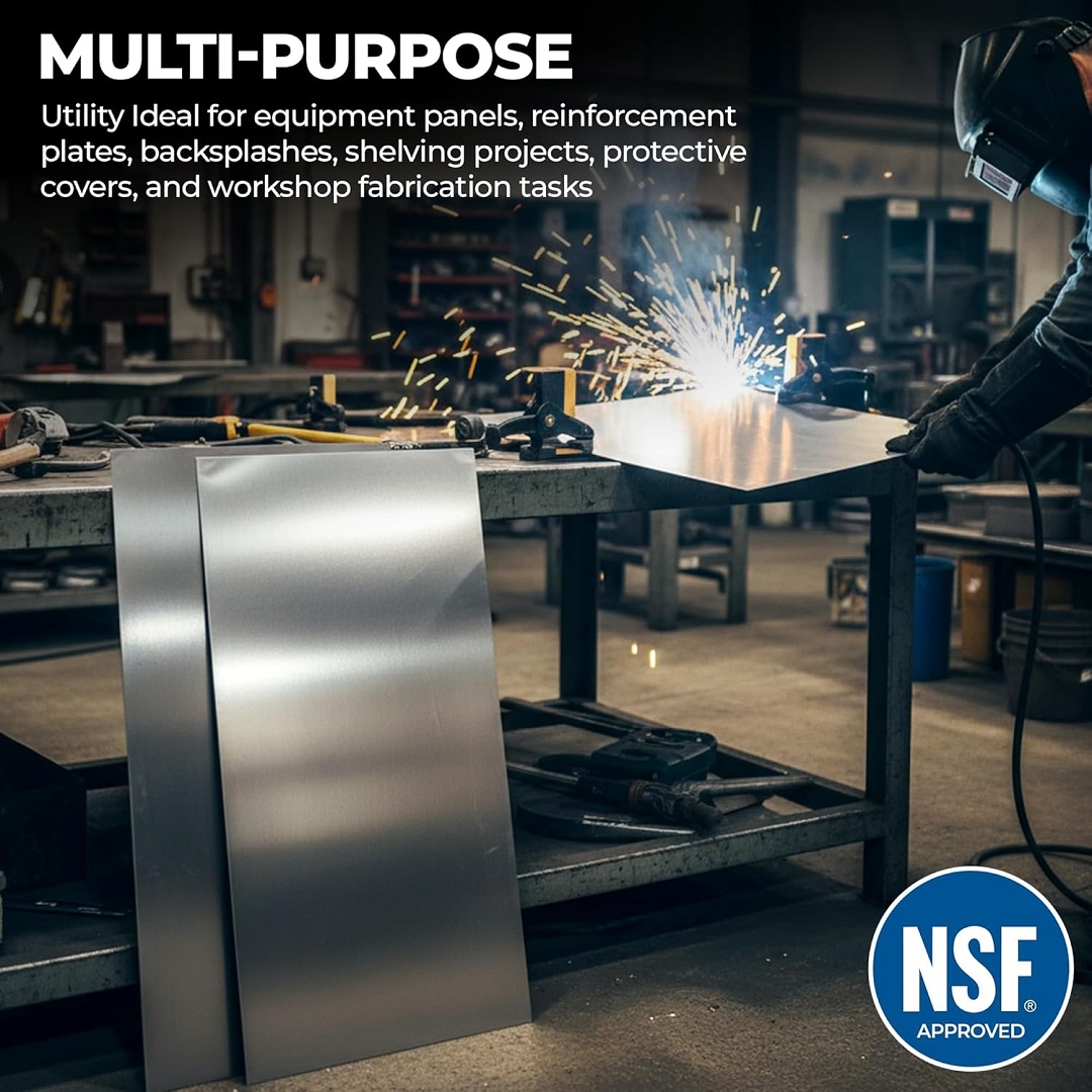 2-Pack 430 Stainless Steel Sheets (12&Quot; X 24&Quot;) – 18-Gauge Metal Plates 5 A Professional Workshop Setting Showing Stainless Steel Sheets Leaning Against A Metal Workbench While A Worker Welds In The Background. The Image Includes Text Highlighting Multi-Purpose Utility And A Prominent Blue Nsf Approved Logo.