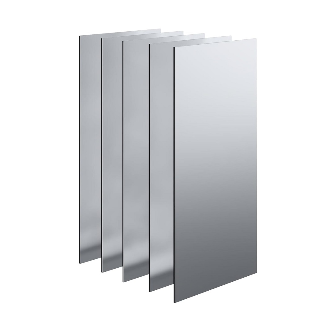 2-Pack 430 Stainless Steel Sheets (12&Quot; X 24&Quot;) – 18-Gauge Metal Plates 8 A Set Of Five Rectangular Stainless Steel Sheets Standing Vertically In A Staggered Row. Each Metal Plate Features A Smooth, Reflective Silver Finish With Precise, Clean-Cut Edges, Ideal For Industrial Fabrication, Kitchen Backsplashes, And Custom Diy Workshop Tasks.