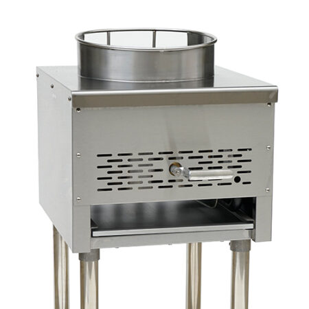 A professional-grade stainless steel gas wok range featuring a single circular burner ring on a flat top surface. The unit includes a front-mounted control handle, a ventilated front panel, a removable drip tray, and four high-clearance cylindrical legs for heavy-duty kitchen use.