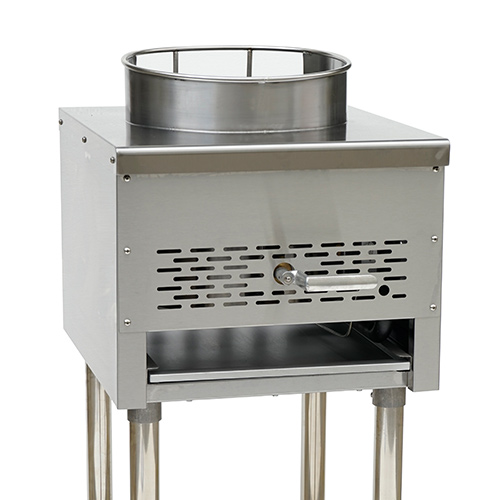 Cookline Sp-1W Commercial 13&Quot; Natural Gas Wok Range 95,000 Btu 2 A Professional-Grade Stainless Steel Gas Wok Range Featuring A Single Circular Burner Ring On A Flat Top Surface. The Unit Includes A Front-Mounted Control Handle, A Ventilated Front Panel, A Removable Drip Tray, And Four High-Clearance Cylindrical Legs For Heavy-Duty Kitchen Use.