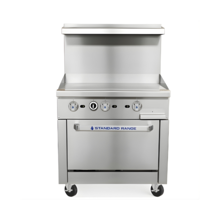 A front-view of a stainless steel 24-inch gas range featuring a smooth flat top griddle surface and integrated backsplash. The unit includes three front-mounted control knobs, a lower oven compartment with a sturdy pull handle, and heavy-duty casters.