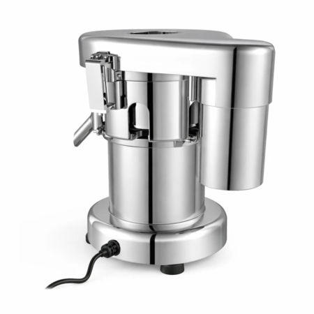 Industrial stainless steel juicer with feeding chute and locking mechanism, countertop design for commercial fruit and vegetable juice extraction.