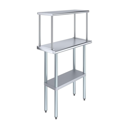 A three-quarter perspective view of a commercial stainless steel work station. The unit consists of a main rectangular work surface, an elevated top shelf supported by four slim vertical posts, and a lower adjustable storage shelf, all stabilized by four sturdy cylindrical legs.