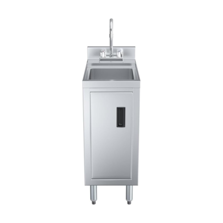 A front-view 3D render of a narrow, freestanding stainless steel sink unit. It features a single top basin with a gooseneck faucet and a full-length enclosed cabinet below with a recessed black handle. The unit is supported by four adjustable stainless steel legs.