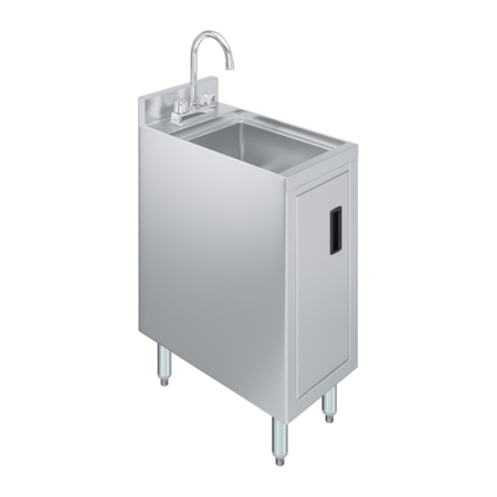 A 3D isometric render of a slim, freestanding commercial sink unit. The unit features a square top basin with a tall gooseneck faucet and an integrated backsplash. Below the sink is a fully enclosed storage cabinet with a single door, a recessed black handle, and four adjustable stainless steel legs for leveling on uneven floors.
