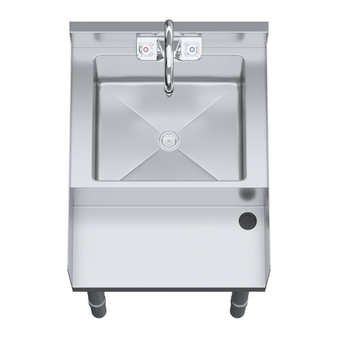 22” X 18” Stainless Steel Blender Station With Dump Sink &Amp; Faucet – Nsf Certified Underbar Beverage Prep Sink For Commercial Bar Restaurant Or Juice Shop 4 A Top-Down 3D Render Of A Stainless Steel Commercial Sink Unit. The Image Shows The Square Basin With An X-Patterned Drain Base, A Centered Chrome Gooseneck Faucet With Hot And Cold Labeled Handles, And A Flat Side Drainboard Featuring A Circular Drain Hole In The Corner.