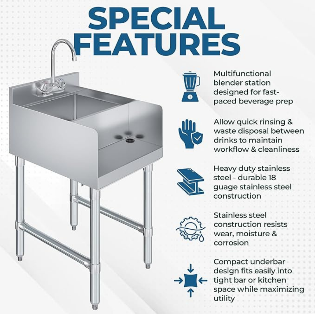 22” X 18” Stainless Steel Blender Station With Dump Sink &Amp; Faucet – Nsf Certified Underbar Beverage Prep Sink For Commercial Bar Restaurant Or Juice Shop 5 A 3D Isometric Render Of An Open-Top Rectangular Drawer Made From Polished Stainless Steel. The Side Of The Drawer Features A Heavy-Duty Metal Telescopic Slide Rail For Smooth Extension, Suitable For Industrial Workbenches Or Commercial Kitchen Storage.