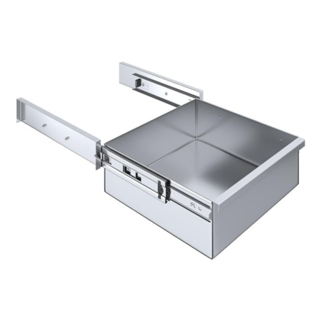 A lifestyle image of a stainless steel drawer mounted to a professional prep table in a bakery. The graphic features an NSF Approved logo and lists ideal uses for foodservice, industrial areas, and catering.