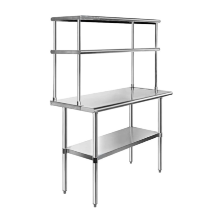 Heavy-duty stainless steel commercial kitchen work table featuring a flat top surface, adjustable lower undershelf, and a two-tier mounted overshelf for extra storage. The unit is supported by four durable legs with adjustable bullet feet, shown from a two-quarter perspective against a white background.
