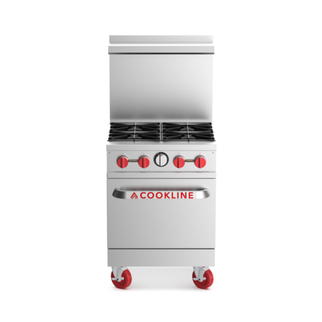 Cookline Cr24-4-Ng 24&Quot; 4 Burner Commercial Range With Oven 151,000 Btu 2 Front-Facing View Of A Stainless Steel Commercial Gas Range With Four Burners And A Bottom Oven. The Unit Features Red Control Knobs, A Tall Backguard, And Is Mounted On Red Swivel Casters.