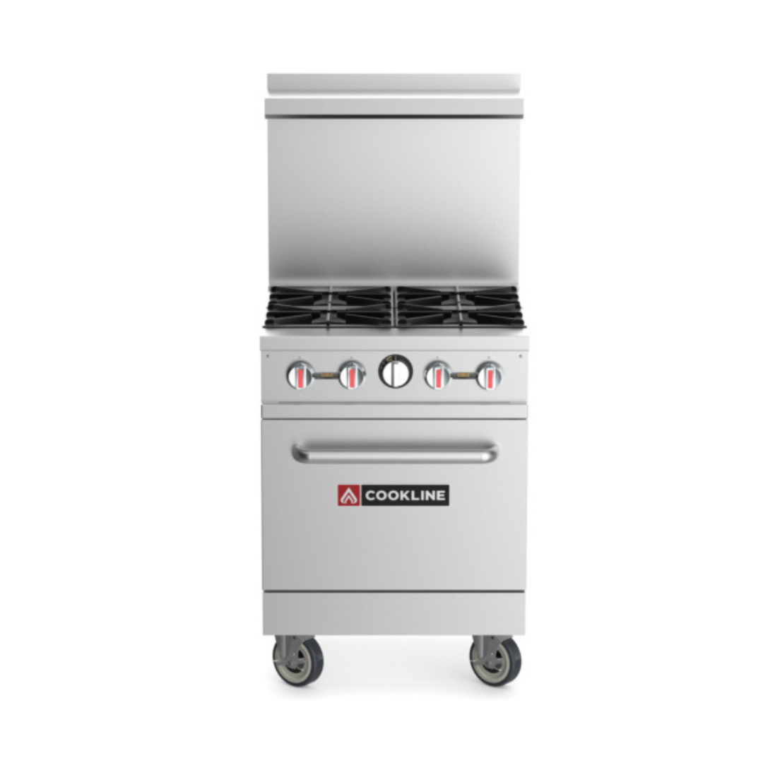Cookline Cr24-4-Ng 24&Quot; 4 Burner Commercial Range With Oven 151,000 Btu 3 Front-Facing View Of A Stainless Steel Commercial Gas Range With Four Burners And A Bottom Oven. The Unit Features Five Front Control Knobs, A Tall Backguard, And Heavy-Duty Swivel Casters.