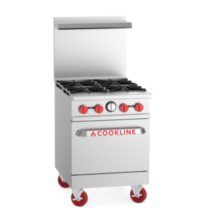Stainless steel commercial gas range with four burners, red control knobs, and a bottom oven. The unit features a tall backsplash and is mounted on heavy-duty red swivel casters.