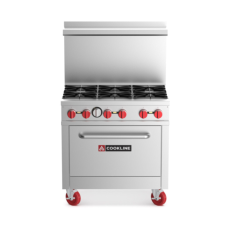 Front-facing view of a stainless steel commercial gas range featuring six burners and a bottom oven. The unit is equipped with red control knobs, a tall backguard, and heavy-duty red swivel casters.