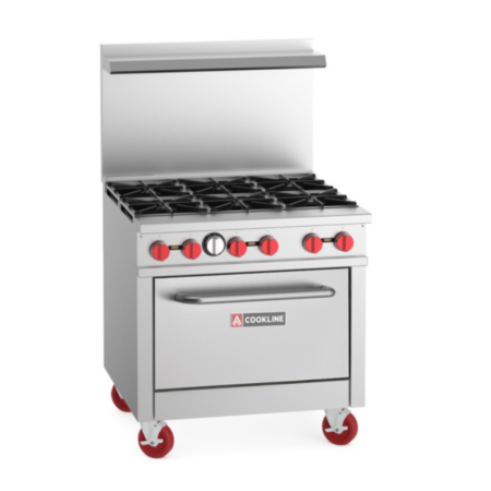 Stainless steel commercial gas range with six burners, red control knobs, and a bottom oven. The unit features a tall backguard with a shelf and is mounted on heavy-duty red swivel casters.