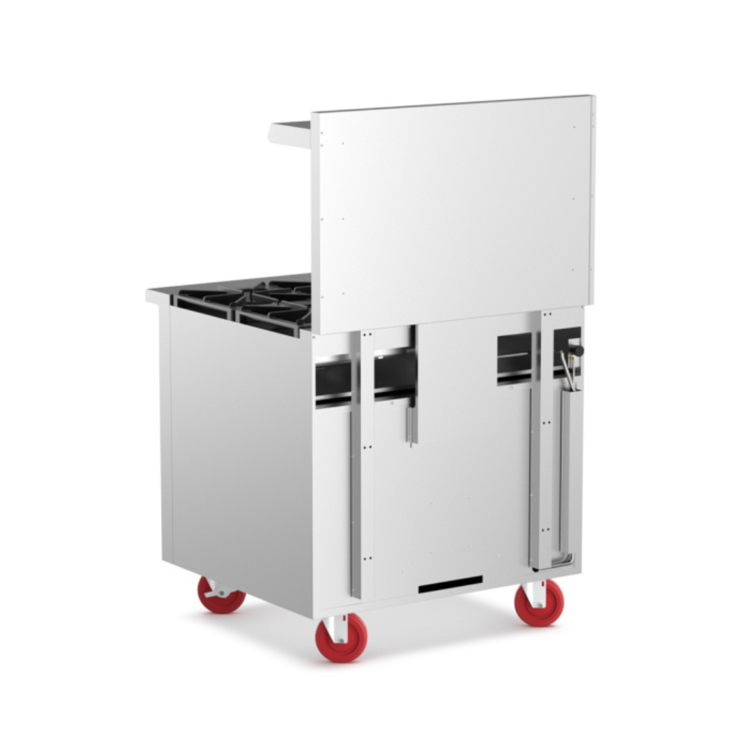 Cookline Cr36-6-36&Quot; 6 Burner Commercial Gas Range With Oven 3 Rear Perspective Of A Stainless Steel Commercial Gas Range Showing The Back Panel And Gas Manifold Assembly. The Unit Features A Tall Backguard And Is Supported By Four Heavy-Duty Red Swivel Casters.