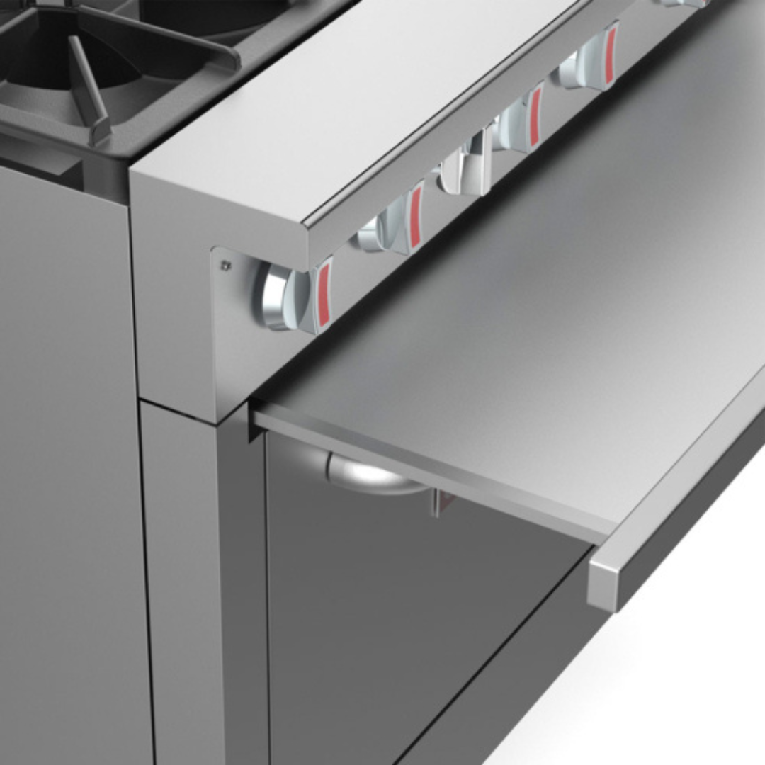 Cookline Cr36-6-36&Quot; 6 Burner Commercial Gas Range With Oven 5 Stainless Steel Commercial Range Detail Showing A Removable Crumb Tray Extended From Beneath The Control Knobs. The Image Highlights The Sliding Tray Design And The Row Of Control Knobs With Red Indicator Accents.