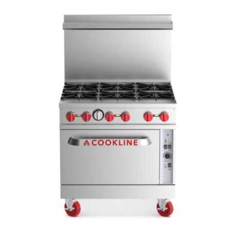 Front view of a 36-inch stainless steel gas range with six burners and a convection oven base. The unit features red control knobs, a side-mounted convection control panel, and red swivel casters.