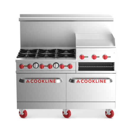 Front-facing view of a 60-inch stainless steel commercial gas range featuring six burners on the left and a 24-inch raised griddle with an integrated broiler on the right. The unit includes two oven bases with red branding, a tall backguard, and heavy-duty red swivel casters.