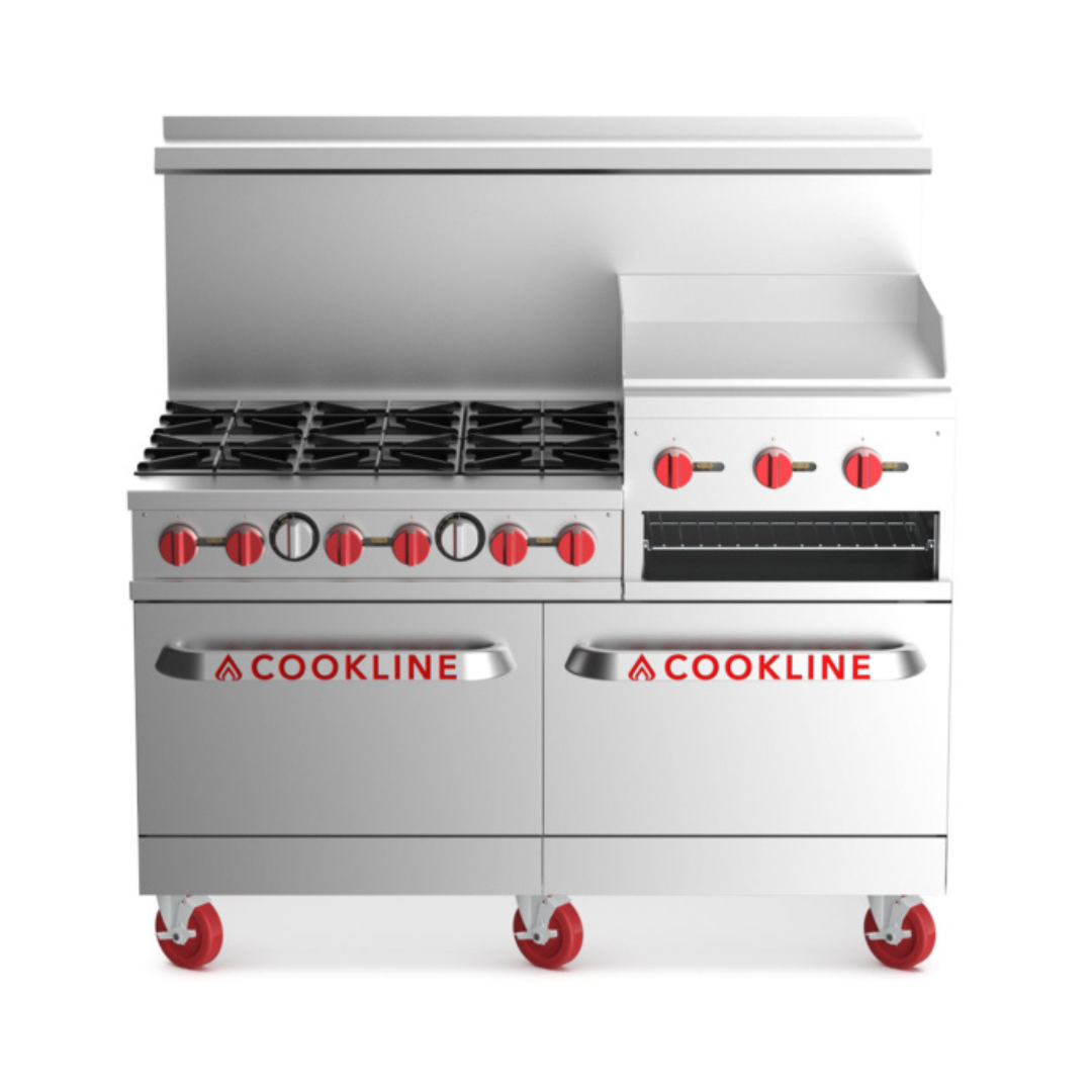 60&Quot; Commercial Range With 6 Burners And 24&Quot; Raised Griddle – 278,000 Btu Restaurant Range | Cr60-24Rg 1 Front-Facing View Of A 60-Inch Stainless Steel Commercial Gas Range Featuring Six Burners On The Left And A 24-Inch Raised Griddle With An Integrated Broiler On The Right. The Unit Includes Two Oven Bases With Red Branding, A Tall Backguard, And Heavy-Duty Red Swivel Casters.