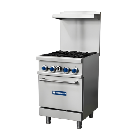 Angled perspective of a 24-inch stainless steel commercial gas range featuring four open burners and a single oven base. The unit is equipped with blue control knobs, a tall backguard, and adjustable heavy-duty legs.