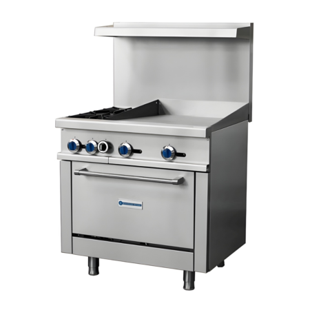 A 3/4 perspective view of a stainless steel commercial gas range featuring two open burners on the left and a 24-inch griddle on the right. The unit includes a high back riser with a top shelf, five front-mounted control knobs with blue accents, and a standard oven base supported by adjustable stainless steel legs.