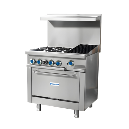 A 3/4 perspective view of a stainless steel Standard Range commercial gas range featuring four heavy-duty open burners on the left and a 12-inch charbroiler with slanted cast iron grates on the right. The unit includes a high back riser with a top shelf, six front-mounted control knobs with blue accents, and a standard oven base supported by adjustable stainless steel legs.