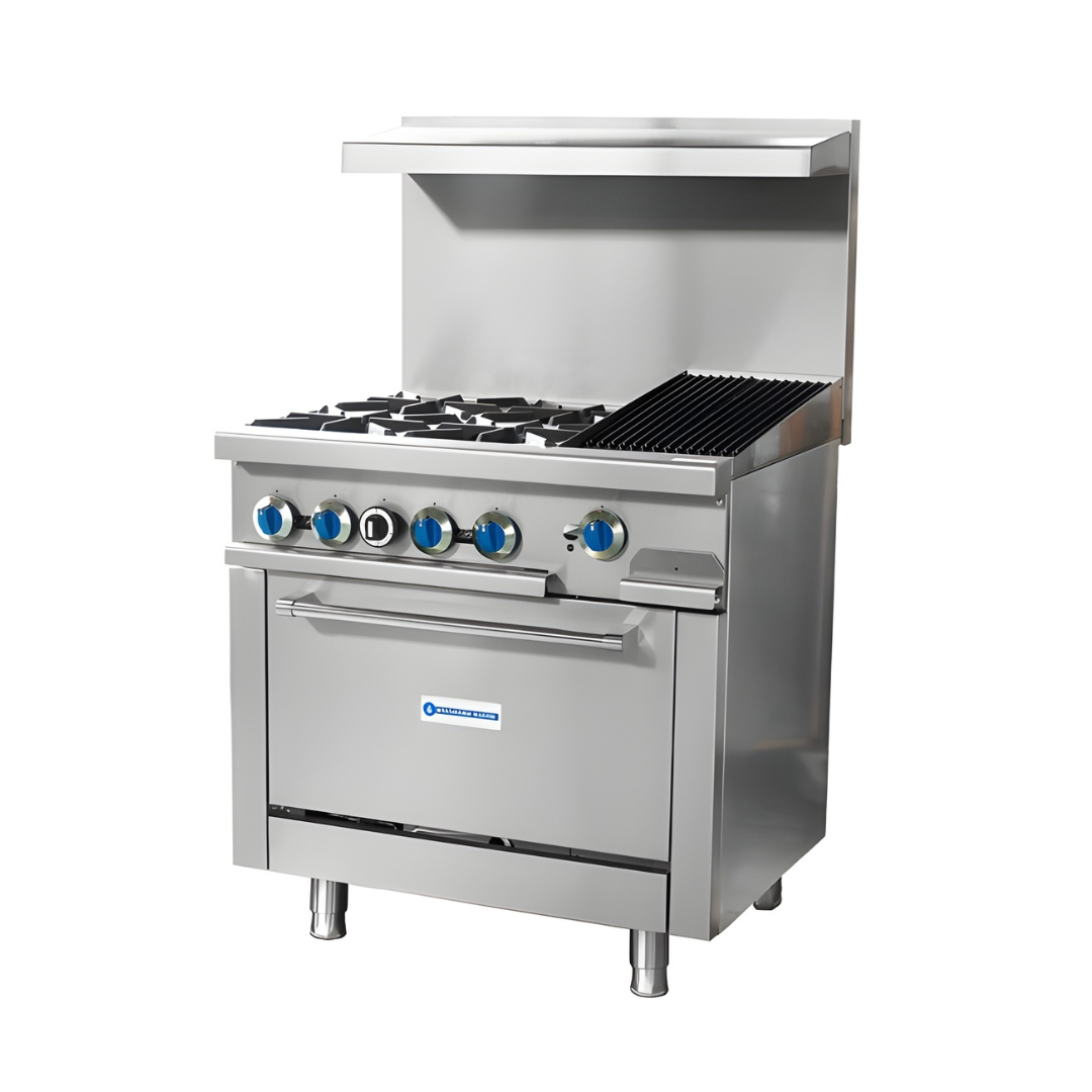 36&Quot; Commercial Range With 12&Quot; Charbroiler | 4 Burner Oven 188,000 Btu 2 A 3/4 Perspective View Of A Stainless Steel Standard Range Commercial Gas Range Featuring Four Heavy-Duty Open Burners On The Left And A 12-Inch Charbroiler With Slanted Cast Iron Grates On The Right. The Unit Includes A High Back Riser With A Top Shelf, Six Front-Mounted Control Knobs With Blue Accents, And A Standard Oven Base Supported By Adjustable Stainless Steel Legs.