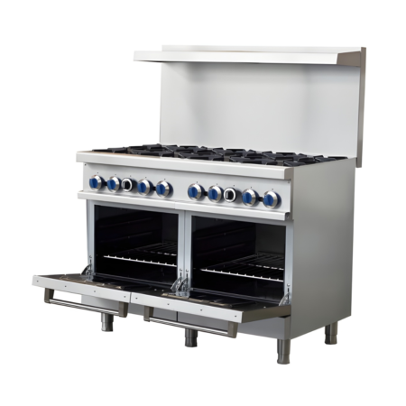 A 3/4 perspective view of a 48-inch stainless steel Standard Range commercial gas range with both oven doors open. The unit features eight heavy-duty open burners, two separate internal oven compartments each with a wire rack, and a high back riser with a top shelf. The front manifold is equipped with blue-accented control knobs, and the entire unit is supported by adjustable stainless steel legs.