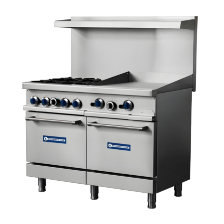 A front-view of a stainless steel Standard Range commercial gas range featuring two heavy-duty open burners on the left, a 24-inch polished steel griddle on the right, and a standard oven base with a pull-down door handle, all mounted on four swivel casters.