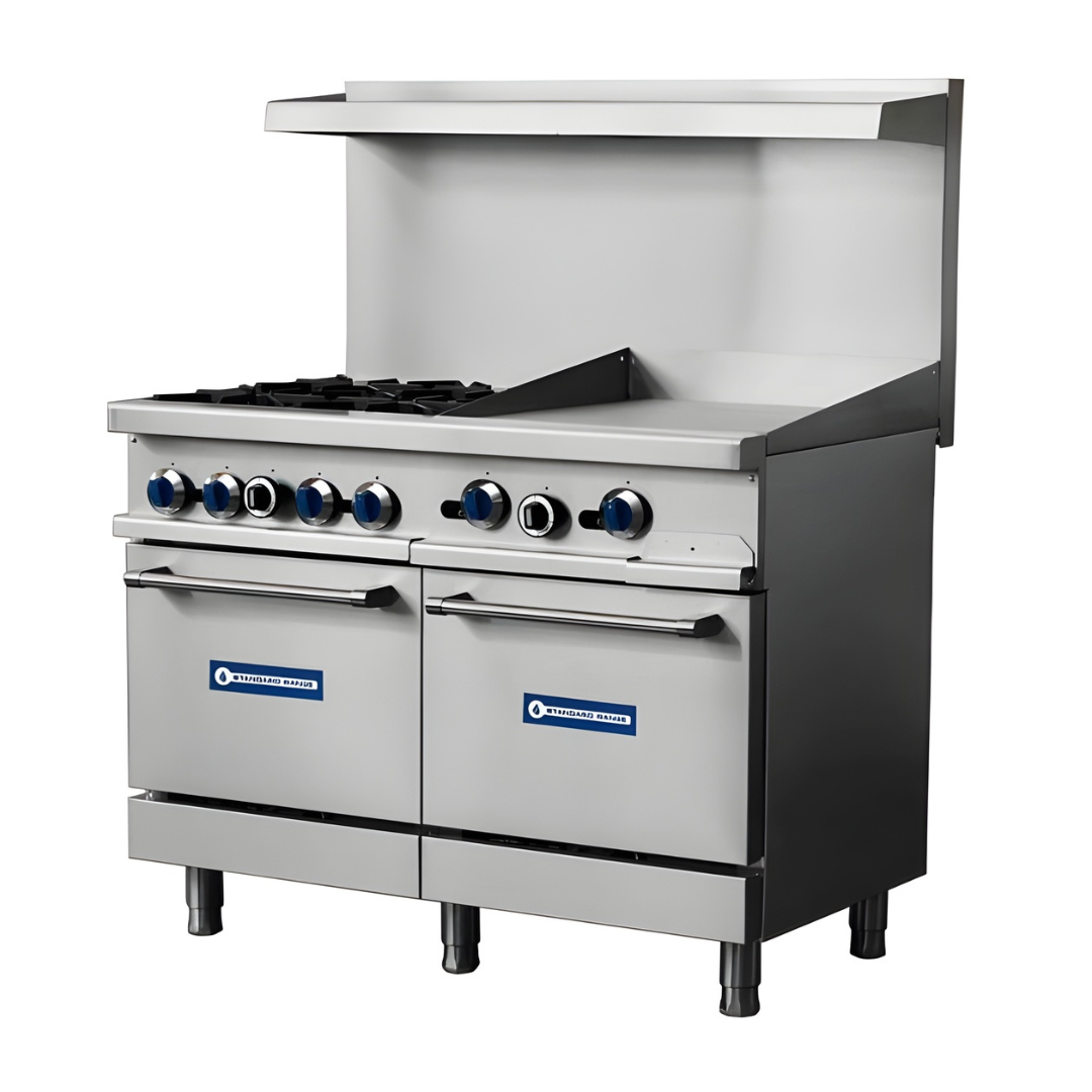 Standard Range Sr-R48-24Mg-48&Quot; Commercial Range With 4 Burners 24&Quot; Griddle Top 2 Ovens 246,000 Btu 2 A Front-View Of A Stainless Steel Standard Range Commercial Gas Range Featuring Two Heavy-Duty Open Burners On The Left, A 24-Inch Polished Steel Griddle On The Right, And A Standard Oven Base With A Pull-Down Door Handle, All Mounted On Four Swivel Casters.