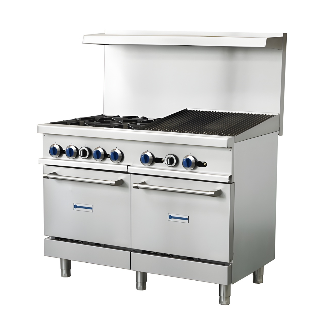 Standard Range Sr-R48-24Cb-48&Quot; Commercial Range With 4 Burners 24&Quot; Char-Broiler Top 2 Ovens 256,000 Btu 2 A 3/4 Perspective View Of A 48-Inch Stainless Steel Standard Range Commercial Gas Range Featuring Four Open Burners On The Left And A 24-Inch Charbroiler With Slanted Cast Iron Grates On The Right. The Unit Includes A High Back Riser With A Top Shelf, Eight Front-Mounted Control Knobs With Blue Accents, And Two Side-By-Side Oven Bases Supported By Adjustable Stainless Steel Legs.