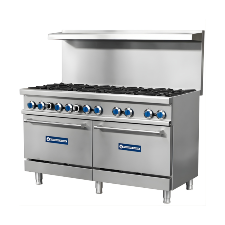 A 3/4 perspective view of a 60-inch stainless steel Standard Range commercial gas range featuring ten heavy-duty open burners. The unit includes a full-width high back riser with a top shelf, ten blue-accented control knobs on the front manifold, and two side-by-side standard oven bases. The entire unit is supported by adjustable stainless steel legs.